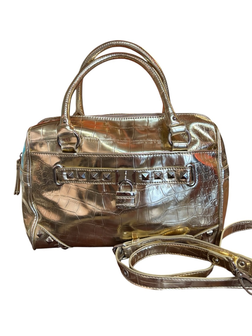 Nine West "Lock of The Draw" Metallic Gold Crocodile-Embossed Satchel Bag